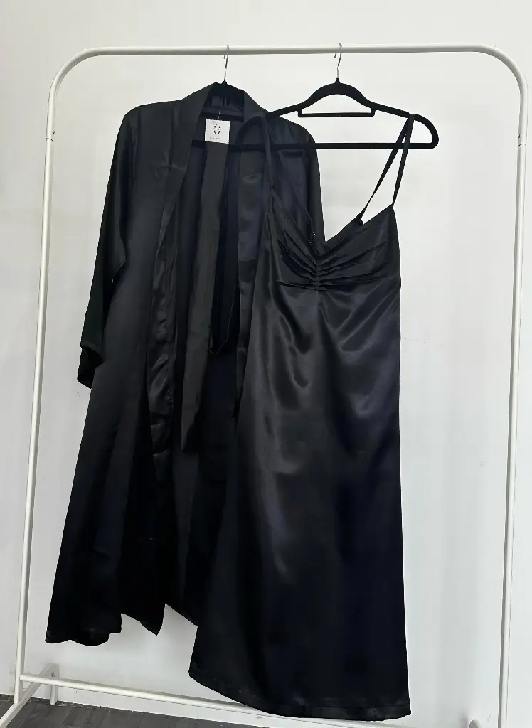 Midnight Black Silk Robe + Slip Dress
