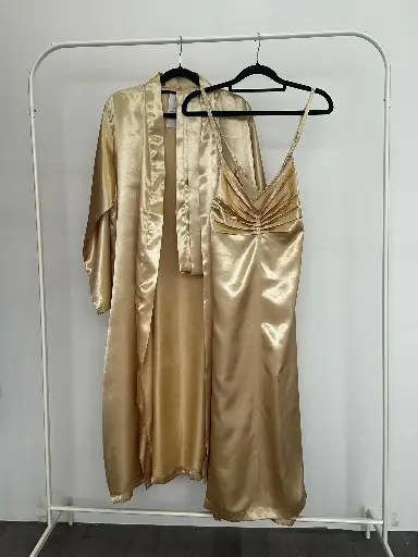 Sunlit Beige Silk Robe + Slip Dress