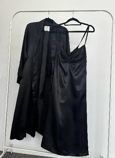Midnight Black Silk Robe + Slip Dress